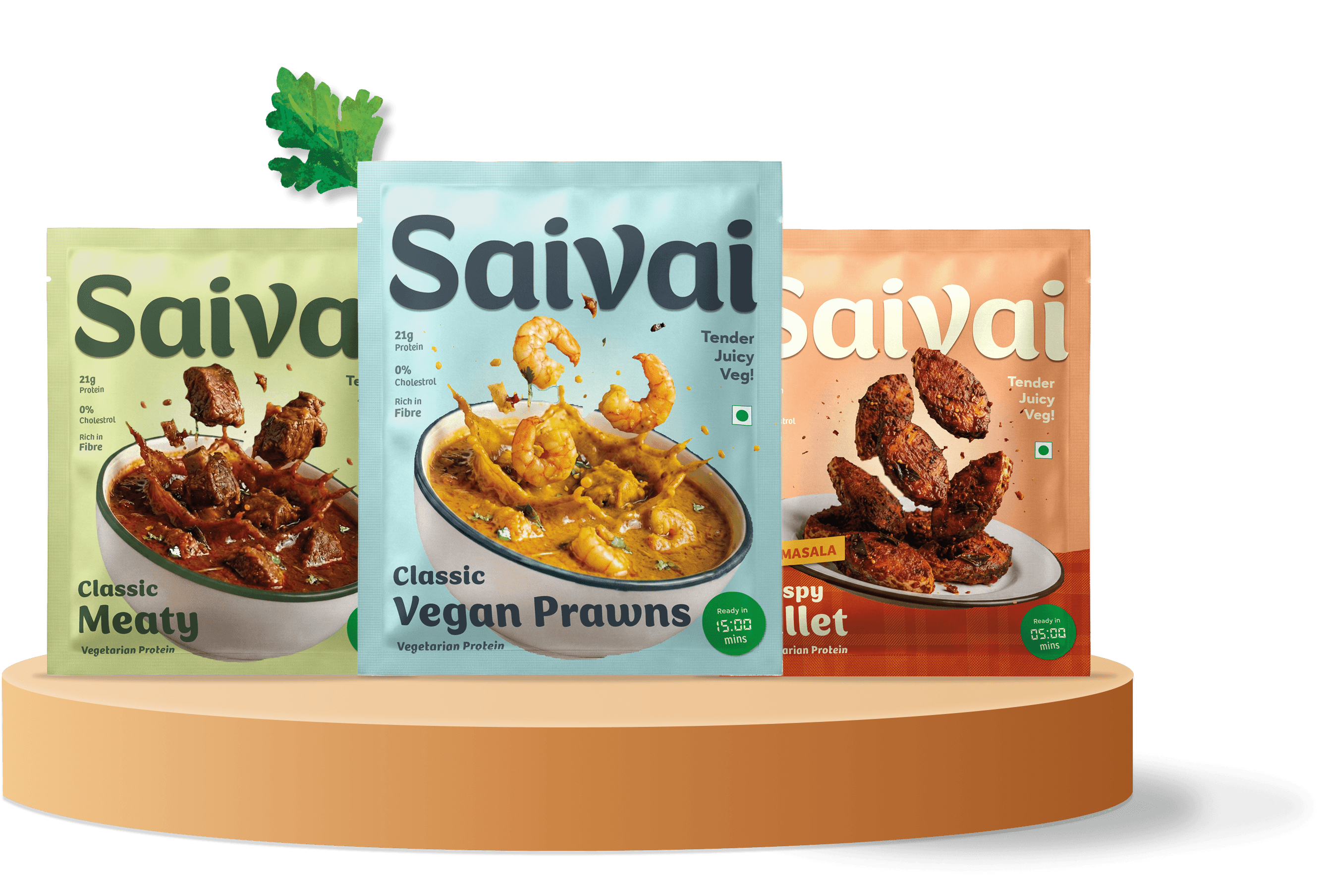 Saivai Classic Meaty, Classic Vegan Prawns and Crispy Fillet packs on a pedestal