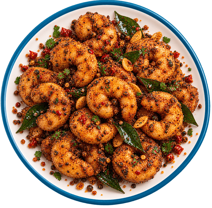 Cooked Karuveppilai Pepper Prawns